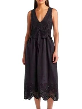 Rachel Zoe Black Eyelet Midi Dress with Scalloped Hem